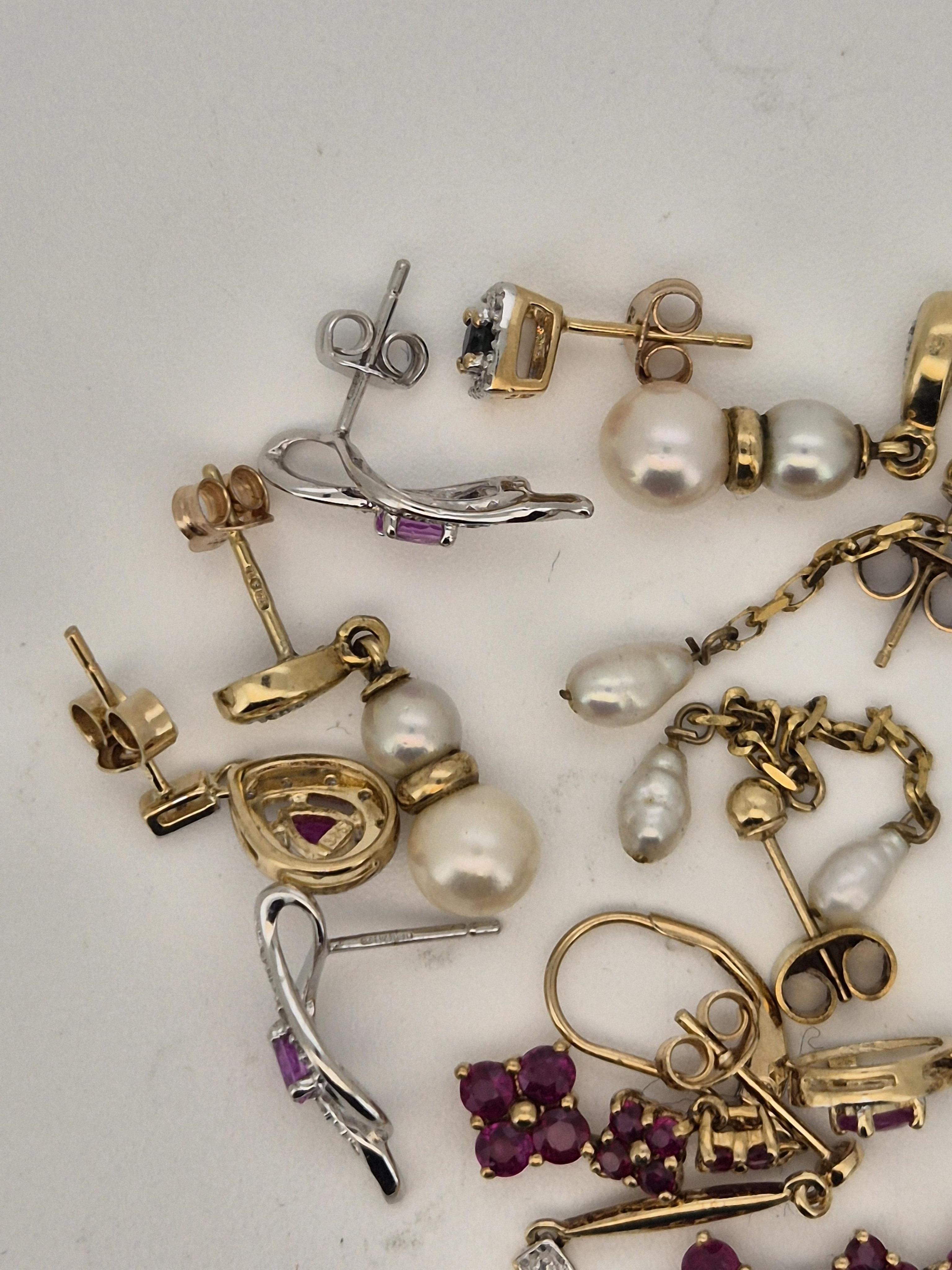 Seven assorted pairs of modern 9ct and gem set earrings, including ruby and diamond pear shaped cluster, sapphire and diamond square cluster, freshwater pearl double drop and two stone cultured pearl with diamond chip.